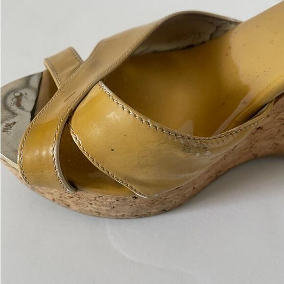 Jimmy Choo Y2K Patent Leather Tan Crossover Mule Cork Wedge Sandals • Size 39.5 - Picture 6 of 9